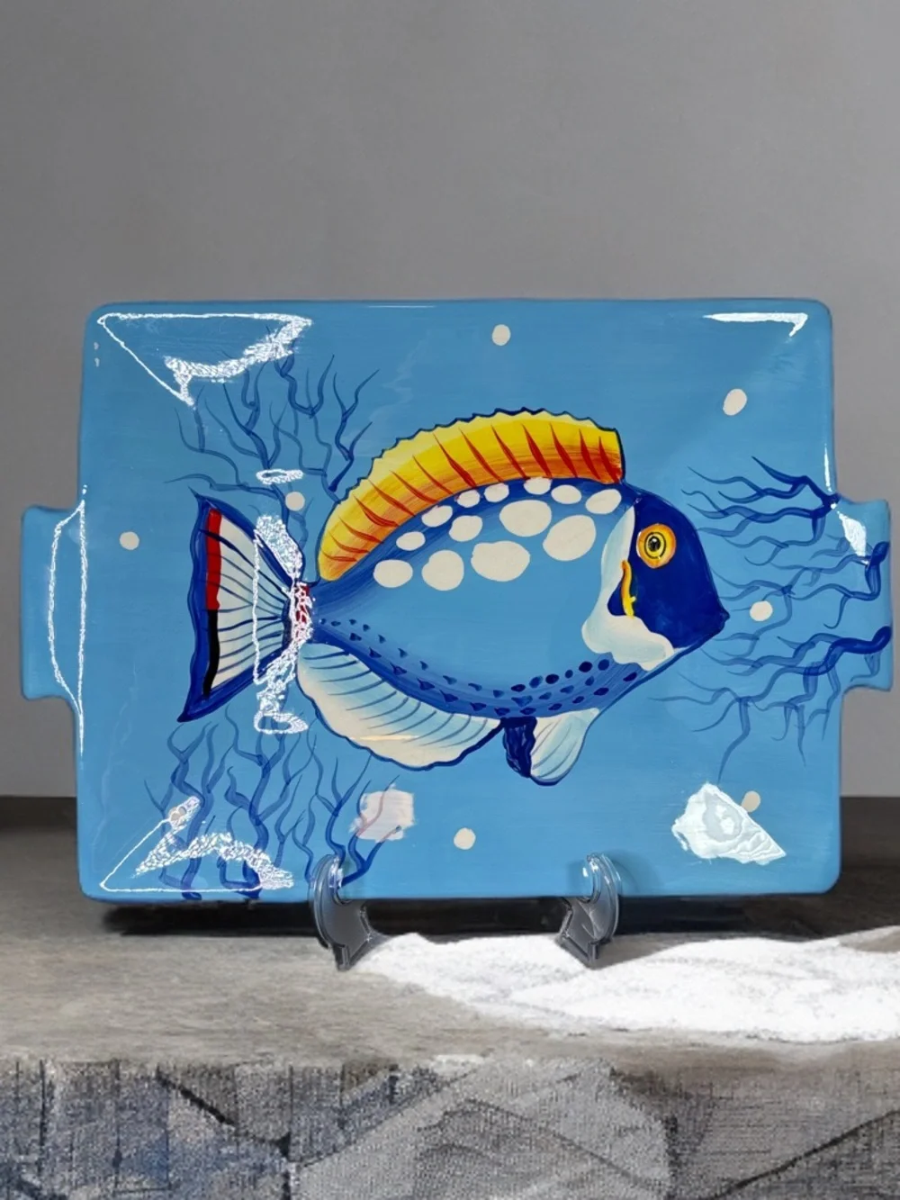 La Dolce Vita Hand-Painted Blue Tropical Fish Ceramic Serving Platter 19x13.5”